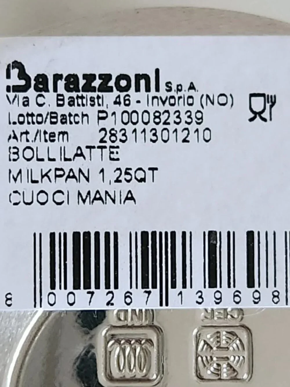 Barazzoni 18/10 Stainless Steel Milk Pan Made in Italy Kitchen Cooking Pot